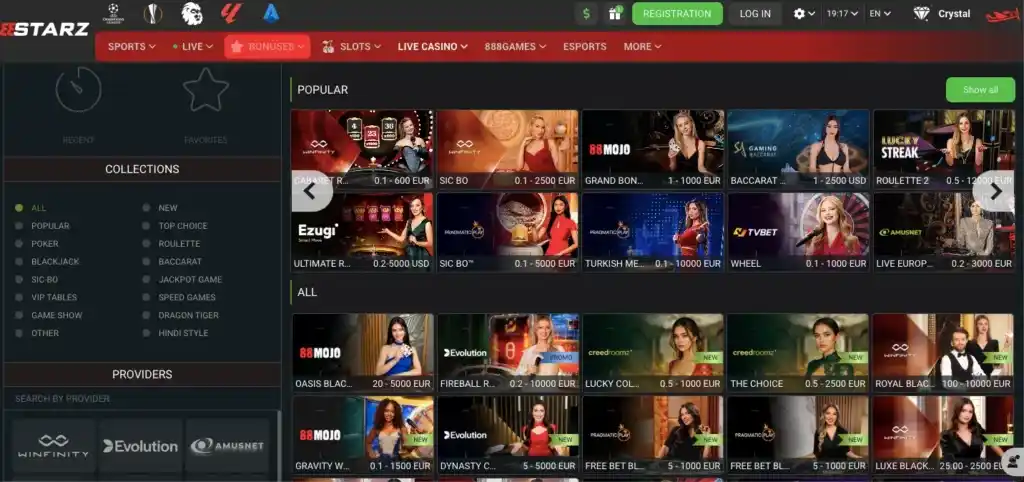 Aktualne oficjalne lobby live casino 888STARZ z widocznymi grami prowadzonymi przez krupierów