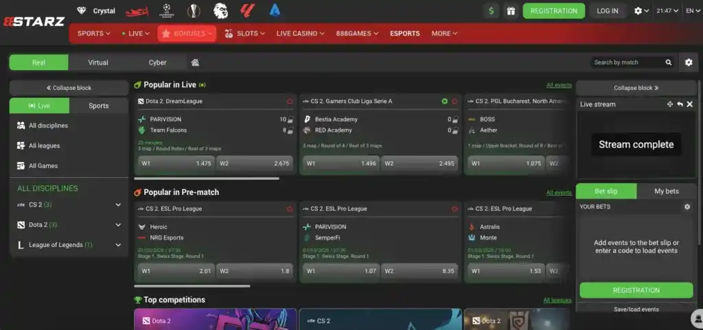 Aktualny oficjalny interfejs sportsbooku 888STARZ z listą dyscyplin lub wydarzeń sportowych