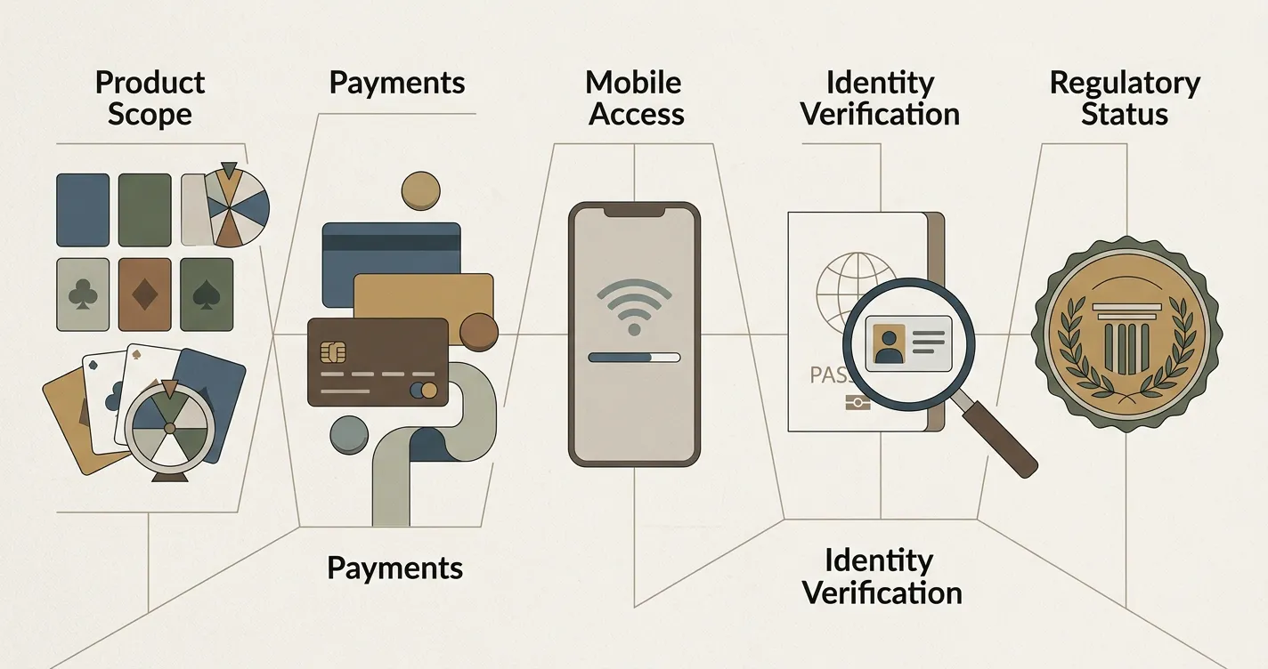 Neutralna ilustracja pokazująca produkt, płatności, mobile, KYC i status regulacyjny jako oddzielne warstwy decyzji